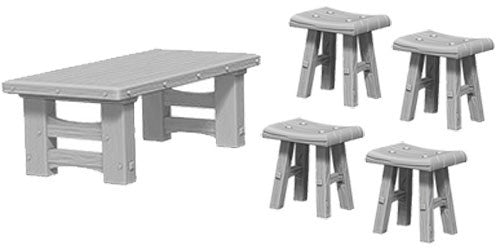 WizKidz Minis: Deep Cuts Unpainted - Wooden Table & Stools (مجسمات لعبة تبادل الأدوار)