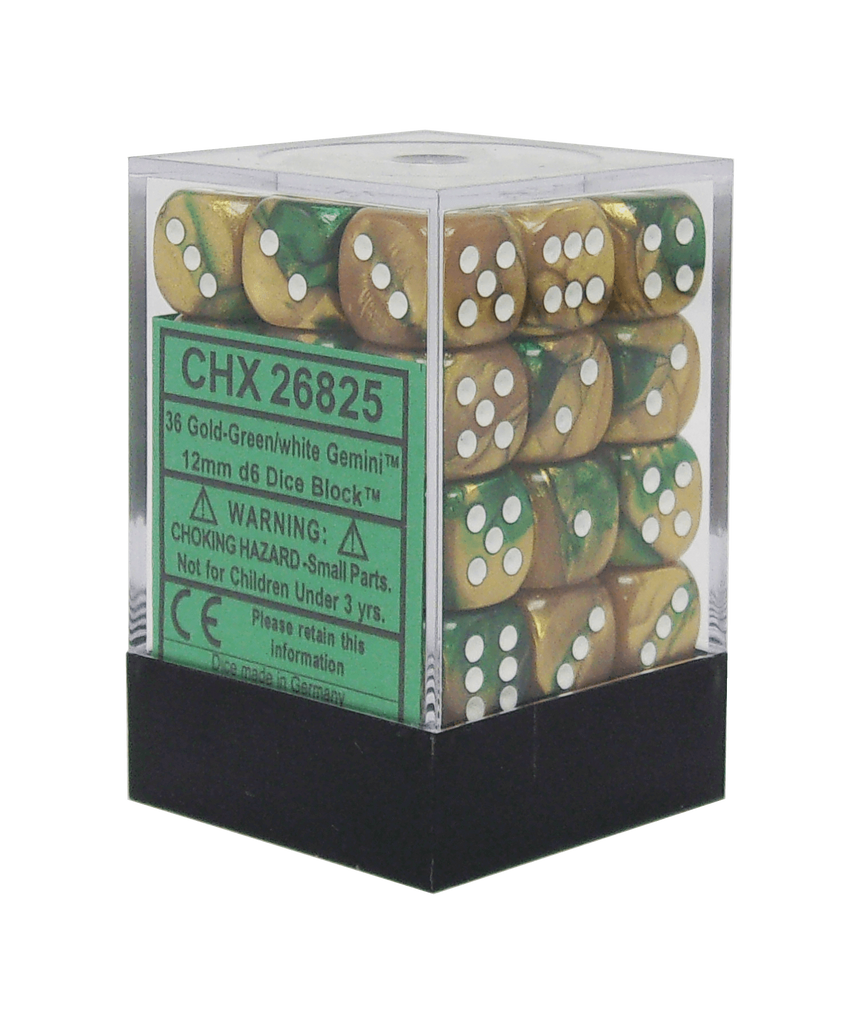 Dice: Chessex - Gemini - 12mm D6, Gold-Green/White [x36] (حجر النرد)