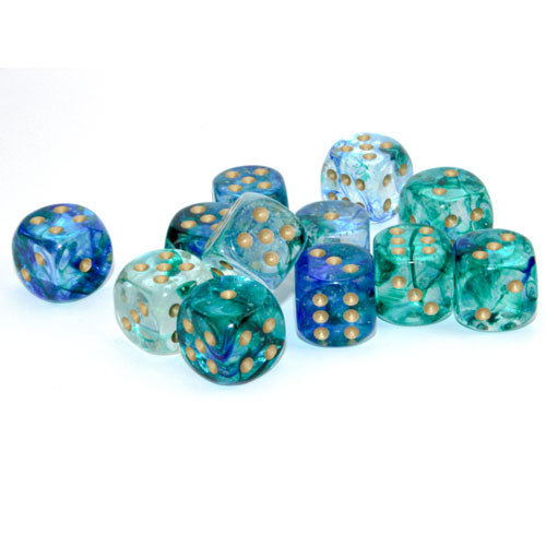 Dice: Chessex - Nebula - 16mm D6 (x12) - Luminary, Oceanic/Gold (حجر النرد)