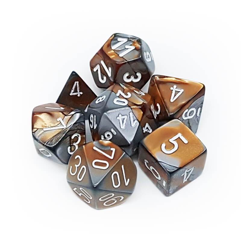 Dice: Chessex - Gemini - Poly, Copper-Steel/White [x7] (حجر النرد)