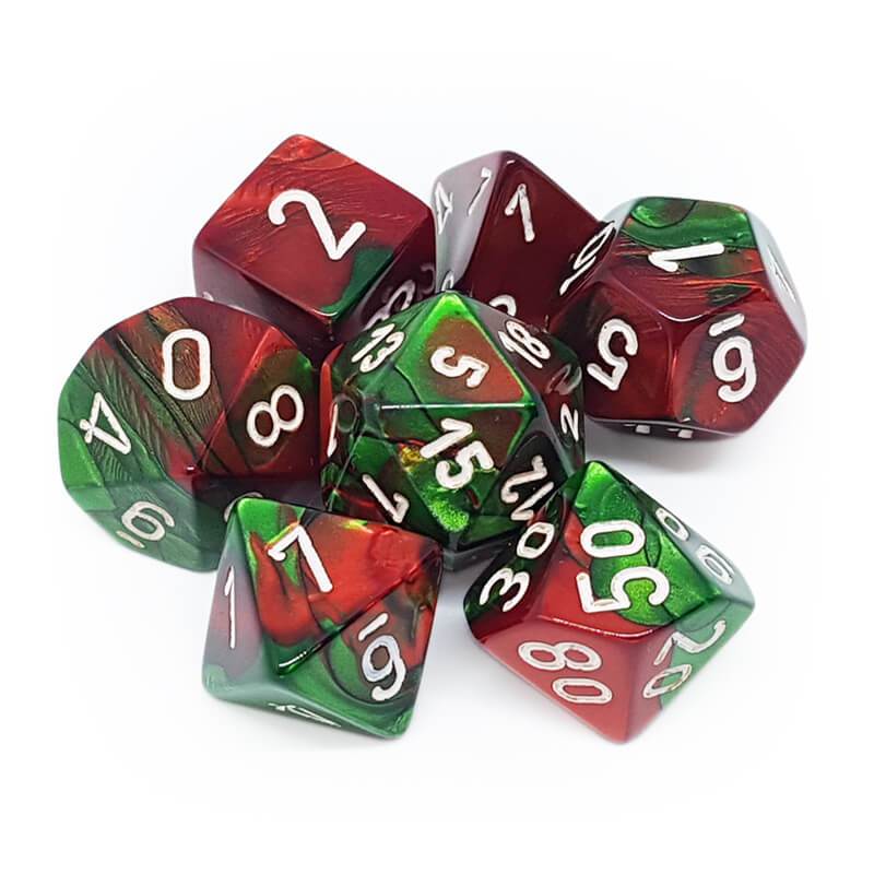 Dice: Chessex - Gemini - Poly, Green-Red/White [x7] (حجر النرد)