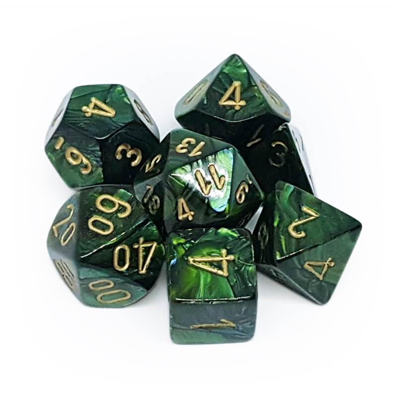 Dice: Chessex - Scarab - Poly, Jade/Gold [x7] (حجر النرد)