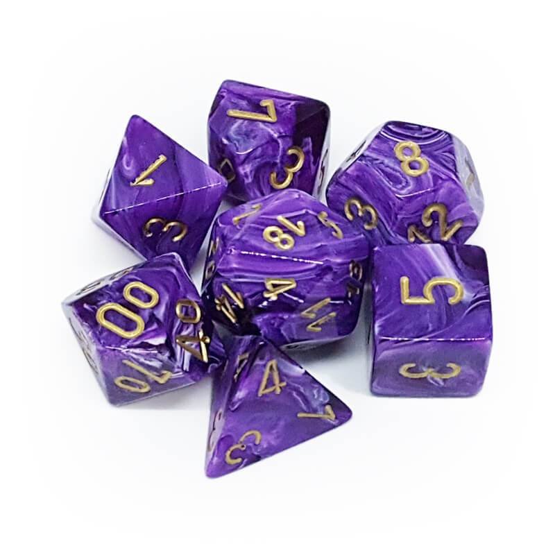 Dice: Chessex - Vortex - Poly, Purple/Gold [x7] (حجر النرد)