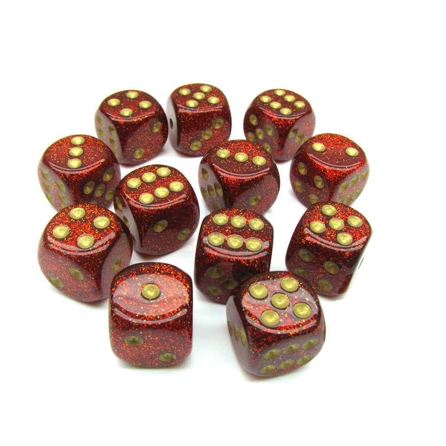 Dice: Chessex - Glitter - 16mm D6, Ruby Red/Gold [x12] (حجر النرد)