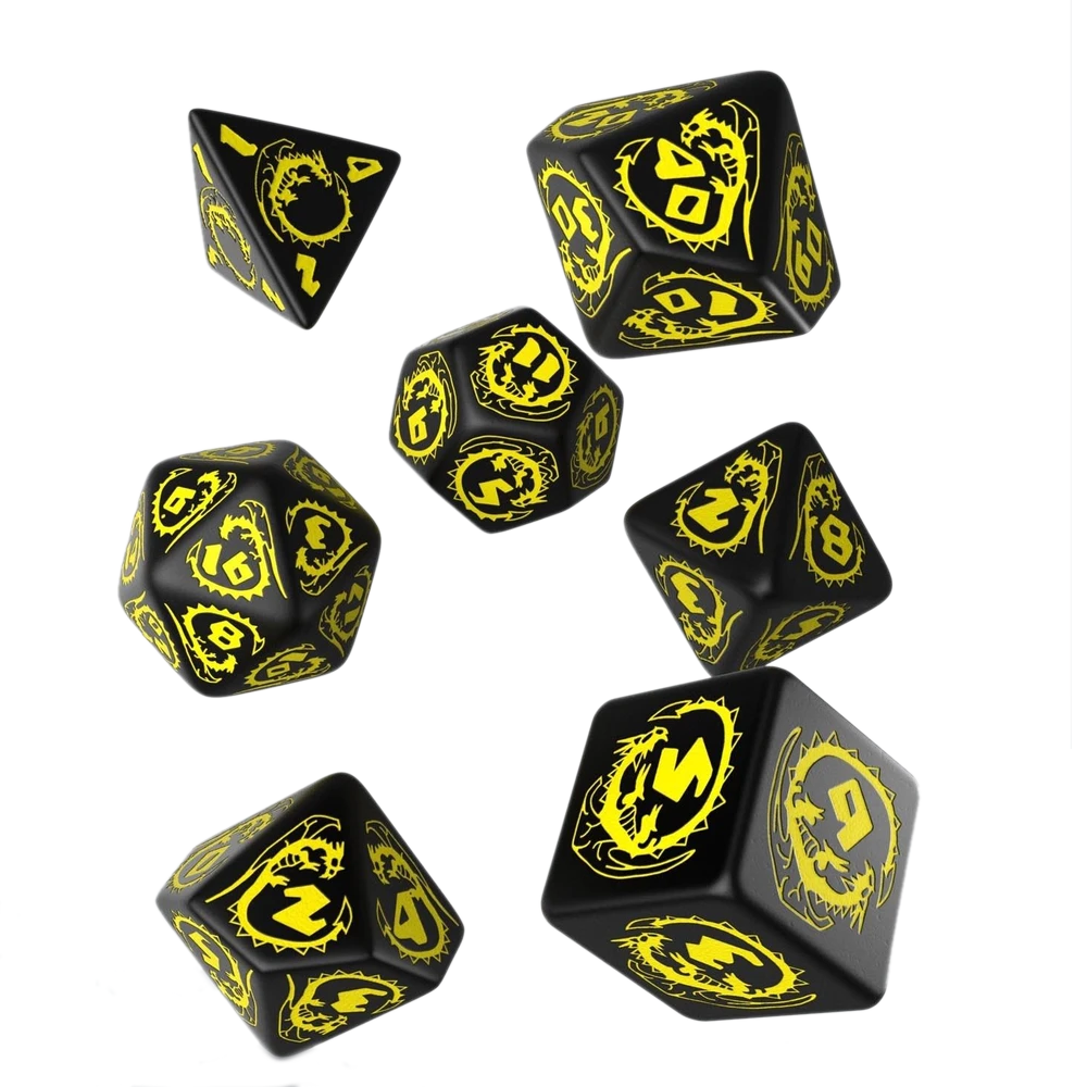 Dice: Q Workshop - Dragon Poly, Black & Yellow [x7] (حجر النرد)